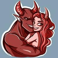 Digital art of a satanic couple hugging. Vector of a demon man and woman holding and loving each other.