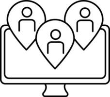 Thin line art Online location search people in desktop screen icon. vector