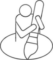 Flat style Man holding broom icon in thin line art. vector