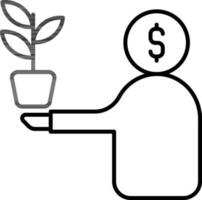 Black line art illustration of Financial man holding plant icon. vector