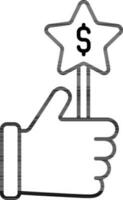 Black line art illustration of Hand holding dollar star board icon. vector