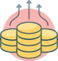 Yellow money stack growing arrow icon on red circle background. vector