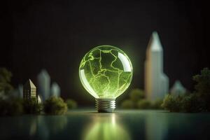 Energy consumption and CO2 gas emissions are increasing light bulbs with green eco city, Renewable energy by 2050 Carbon neutral energy, Save energy creative idea concept, . photo