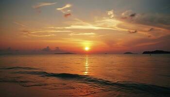 puesta de sol en el playa con hermosa cielo, generar ai foto