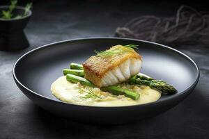 Traditional Fried Skrei Cod Fish Fillet with Green Asparagus Tips and Mashed Potato Cream in Parmesan Olive Oil Sauce as Closeup on a Modern Design Plate with Copy Space, generate ai photo