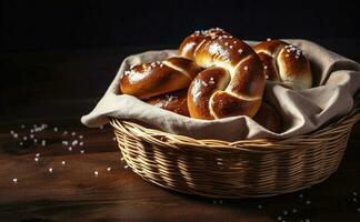 Pretzel sticks and pretzel rolls, Bavarian lye bun with salt in a basket, generate ai photo