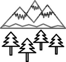 Snowy Mountains with Trees Icon in Black Outline. vector