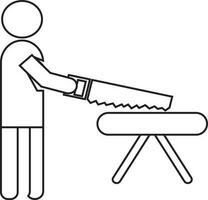 Carpenter holding hand saw and cutting table. vector