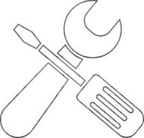 Black line art screwdriver and wrench. vector