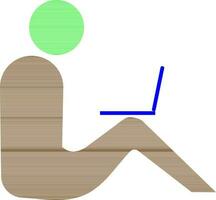 Character of a faceless man sitting with a blue laptop on his leg. vector