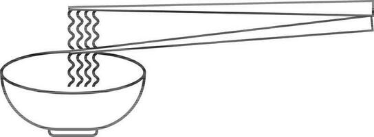 Black line art noodle in bowl with chopsticks. vector