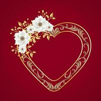 Heart shape frame is decorate with white flowers on red background. vector