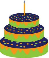 Colorful decorated cake with burning candle. vector