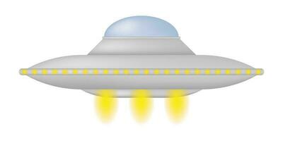 Silver alien spaceship. Flying saucer 3d. UFO alien space travel vehicle isolated. Vector illustration.