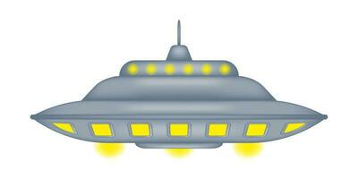 A cute isolated flying saucer is floating in the air surrounded by a halo of yellow lights. Fantastic space travel vehicle design. UFO day. Vector illustration.