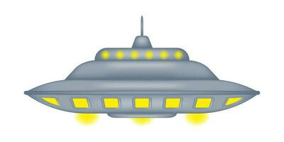 A cute isolated flying saucer is floating in the air surrounded by a halo of yellow lights. Fantastic space travel vehicle design. UFO day. Vector illustration.