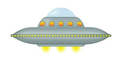 An isolated flying saucer with a series of yellow lights surrounding its round metal body. Fantastic alien spaceship. UFO day. Vector illustration.