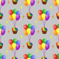 Bundles of colorful balloons, stars and rainbow cupcakes on a gray background. Childish seamless pattern. For fabric, wrapping, wallpaper. Vector illustration.