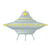 The spaceship has landed. UFO alien space travel vehicle isolated. Flying saucer with bright lights. Vector illustration.