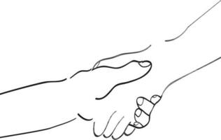 Thin line art illustration of two hand holding each other. vector