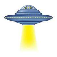 A UFO taking off emitting a powerful beam of light. Isolated alien spaceship with yellow light. Flying saucer 3d. Vector illustration.