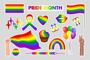 Vector set of stickers symbols of the LGBTQ community. Pride month icons. Rainbow, hands of people with LGBT flag, balloons, rainbow lips, heart. Vector illustration.