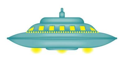 Quirky isolated cartoon flying saucer. UFO day. UFO with bright yellow lights. Fantastic alien spaceship. Vector illustration.