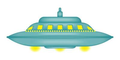 Quirky isolated cartoon flying saucer. UFO day. UFO with bright yellow lights. Fantastic alien spaceship. Vector illustration.