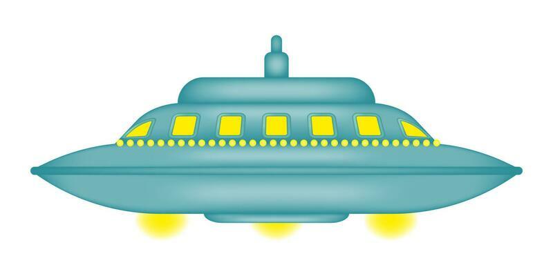Quirky isolated cartoon flying saucer. UFO day. UFO with bright yellow lights. Fantastic alien spaceship. Vector illustration.