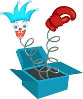 Red glove and funny jester on spring in box. vector