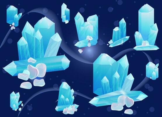 Crystal Set. Healing Transparent Healing Quartz. Blue Gradient Transparent Bright Gemstone. The Magic Stone