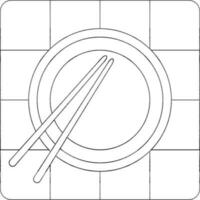 Black line art plate with two chopstick on table. vector