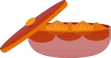 Orange momos in red casserole pan. vector