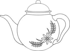 Teapot made by flower with leaves in black line art. vector