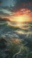 Magical red sunset in the open sea red sky and ocean waves at dusk beautiful sunset above the sea sunset background, generate ai photo