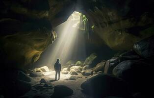 aventurero en un cueva, generar ai foto