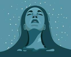 mental salud. armonía con tú mismo y el universo. mujer en el antecedentes de el cielo con estrellas. ilustración, vector