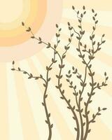 Spring landscape, tree branches against the sky and the sun. Illustration, poster, vector