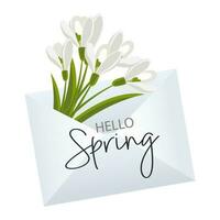 Envelope with a bouquet of snowdrops with the text Hello spring. Congratulation banner, postcard, poster, vector