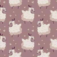 Seamless pattern, cute pink sheep with hearts on a pink background. Cartoon illustration in flat style, children's print, vector