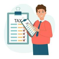 Tax declaration illustration. Character male preparing documents for tax calculation, making income tax return and calculating business invoices. Taxation concept. Vector. vector