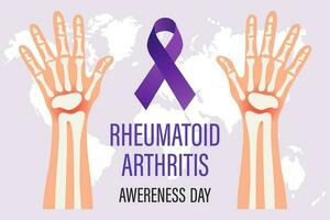 Rheumatoid Arthritis Awareness Day banner. Purple ribbon and skeleton of human hands. Medical concept. Poster, banner vector