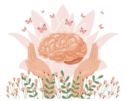 Mental health Hands holding a brain with flowers and butterflies. Healthy mental state, self-love, self-care, self-acceptance. Illustration, vector