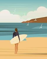 Surfer girl on the seashore with a surfboard against the backdrop of a seascape. Active holiday concept, poster, vector