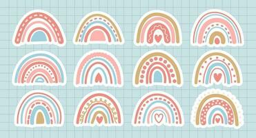 Set of doodles, rainbows, suns with clouds in retro boho style. Baby stickers, scrapbook icons. Minimal abstract art. Vector