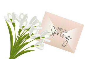 Envelope with a bouquet of snowdrops with the text Hello spring. Congratulation banner, postcard, poster, vector