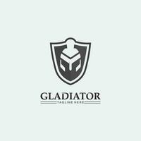 logo de casco espartano y gladiador, poder, vintage, espada, seguridad, logo legendario y vector de soldado clásico