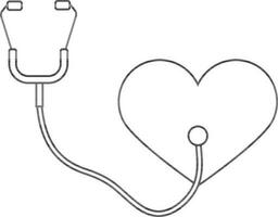 Black line art heart checking in stethoscope. vector