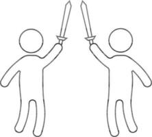 Character of faceless two males holding swords in black line art. vector