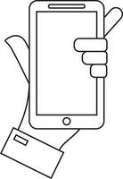 Black line art hand holding smartphone. vector
